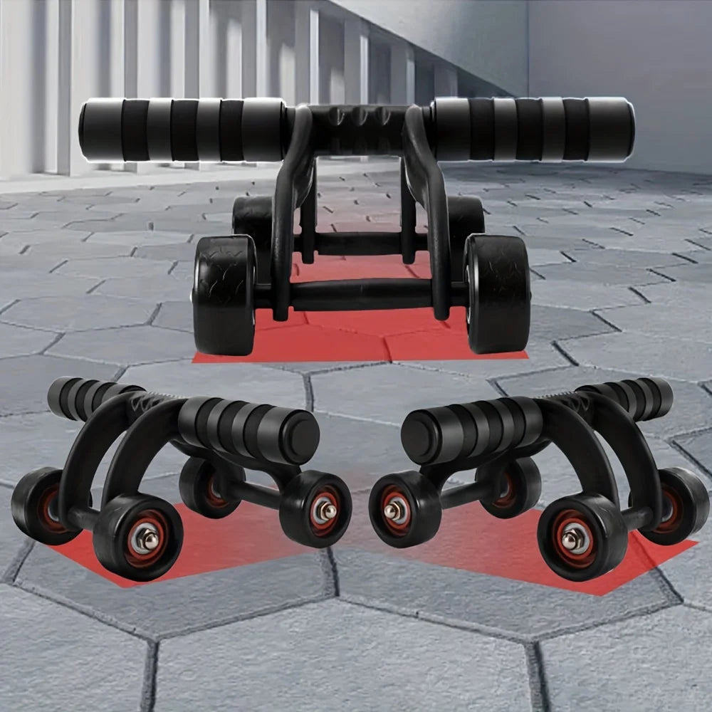 The 1pc Abdominal Exercise Wheel with four wheels for stability is shown on a tiled floor, ideal for home gym core and abs training. Two angled views are in front, with a straight-on view behind, set against geometric architectural features.