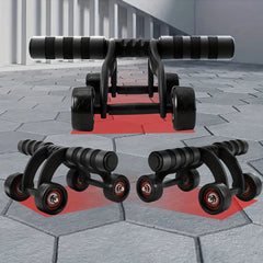 The 1pc Abdominal Exercise Wheel with four wheels for stability is shown on a tiled floor, ideal for home gym core and abs training. Two angled views are in front, with a straight-on view behind, set against geometric architectural features.