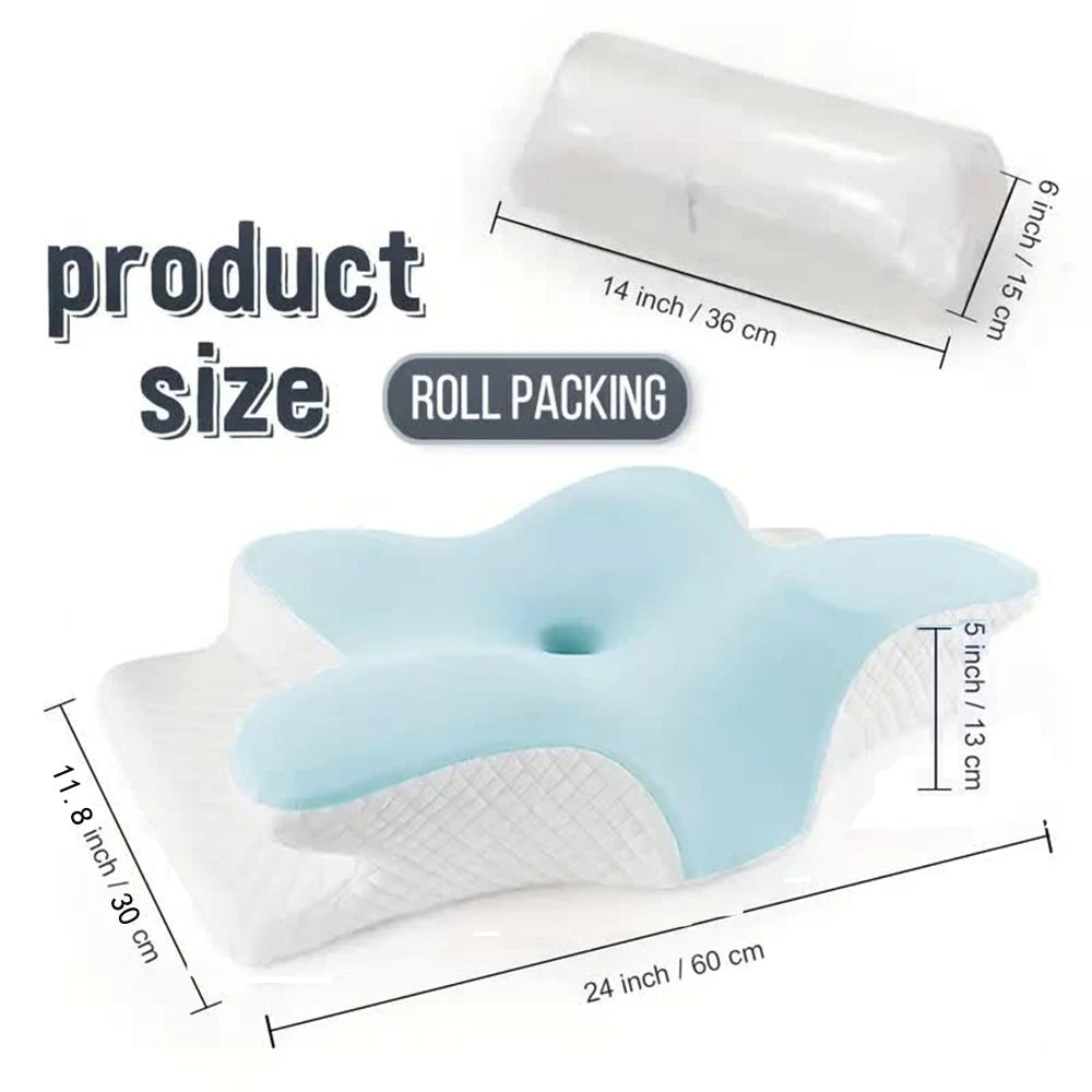 The Memory Foam Pillows Butterfly Shaped Cervical Pillow measures 24 x 11.8 x 5 inches (60 x 30 x 13 cm) and can be rolled for packing to 14 x 6 inches (36 x 15 cm). “Product size” and “roll packing” shown in text.