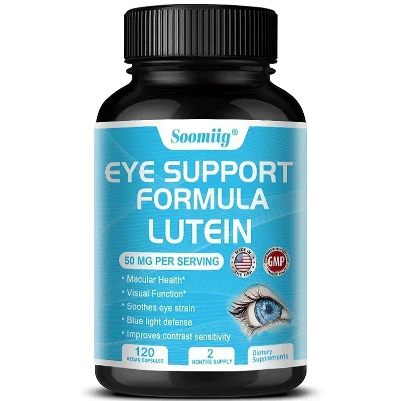 A bottle of Lutein Capsules with Zeaxanthin supports healthy vision, improves eye edema, promotes visual function, and protects the retina. Contains 120 vegan capsules designed for daily eye health.