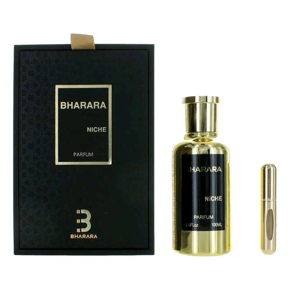 A black and gold box labeled 100ML Brand Perfume Man Musk stands beside a gold perfume bottle and a smaller atomizer, offering a long-lasting citrus floral light fragrance with seductive romance—ideal for gifting.