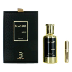 A black and gold box labeled 100ML Brand Perfume Man Musk stands beside a gold perfume bottle and a smaller atomizer, offering a long-lasting citrus floral light fragrance with seductive romance—ideal for gifting.