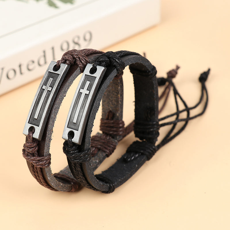 Vintage Cross Leather Rope Bracelet