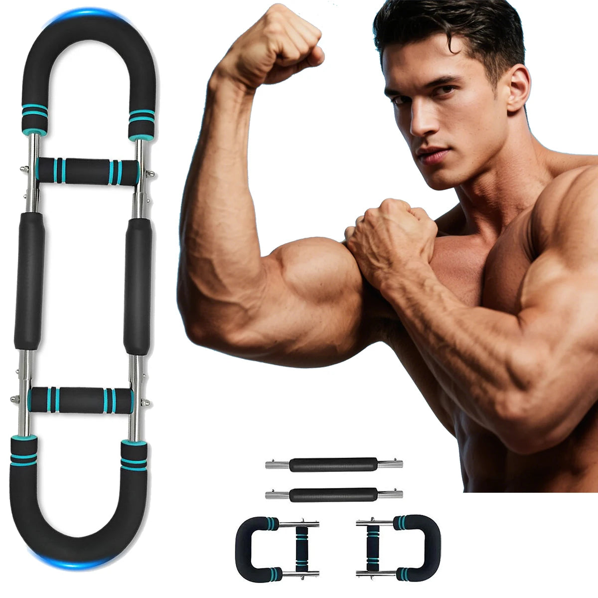 A muscular man flexes beside the Twister Arm Exerciser—an adjustable spring workout bar (20kg/30kg/40kg/50kg) with foam grips and blue accents—displayed in multiple setups for forearm, triceps, and chest strength training.