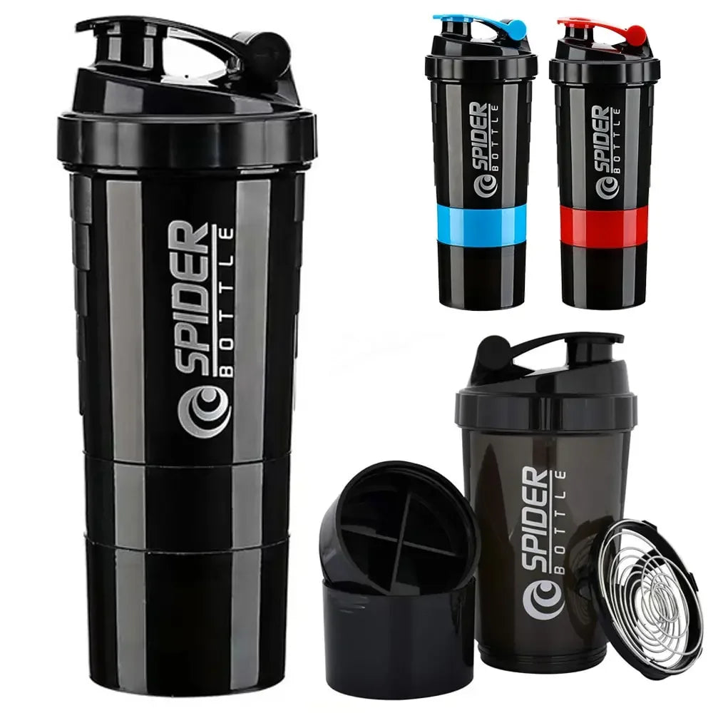 Four black 3 Layers Shaker Protein Bottles are displayed, two with red and blue bands. One is disassembled to show its compartments and mixing ball, highlighting its multi-part design and storage features. Made in Mainland China.