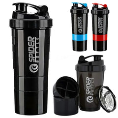 Four black 3 Layers Shaker Protein Bottles are displayed, two with red and blue bands. One is disassembled to show its compartments and mixing ball, highlighting its multi-part design and storage features. Made in Mainland China.