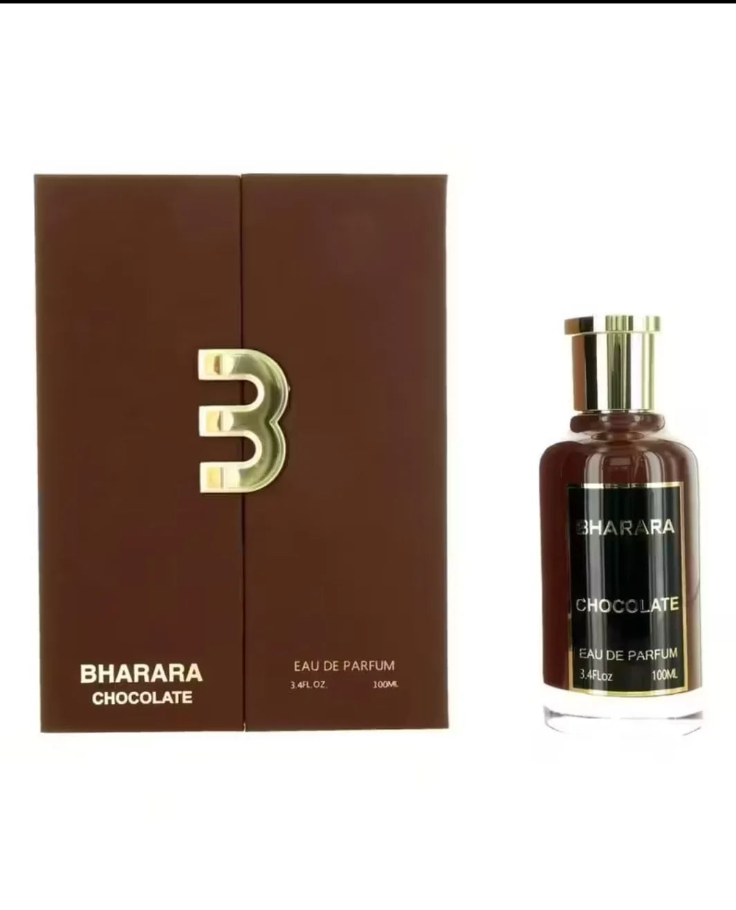 A brown box labeled Bharara Men's 3.4 Ounce Eau de Parfum, Holiday gift, holds a unisex fragrance in an alcohol-free bottle with a gold cap and black label, both containing 3.4 fl oz (100 ml).