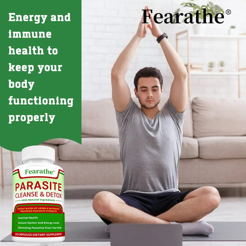 A man sits cross-legged on a yoga mat, arms raised in a yoga pose. To the left, text promotes energy and immune health. At the bottom left is a bottle of Parasite Cleanse - Bowel Cleansing Supplement for digestive and immune health.