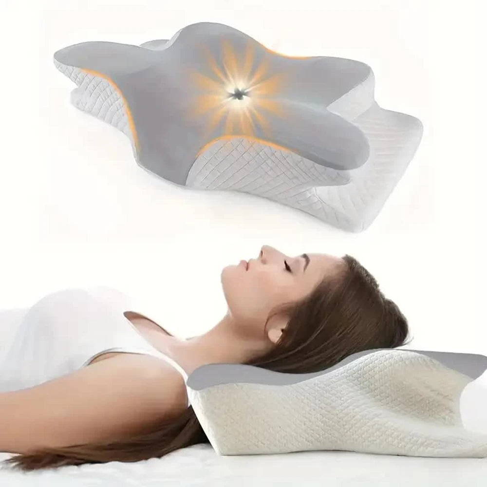 A woman rests on her back using the Butterfly Shaped Memory Foam Cervical Pillow. Above her, a diagram shows orange lines highlighting the pillow’s orthopedic design for head and neck support and pain relief.