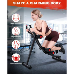 A woman works out on the Adjustable Ab Machine for Home Gym. Four icons show its benefits: waist slimming, leg slimming, hip lifting, and core tightening. This beginner-friendly ab crunch equipment helps sculpt your body at home.