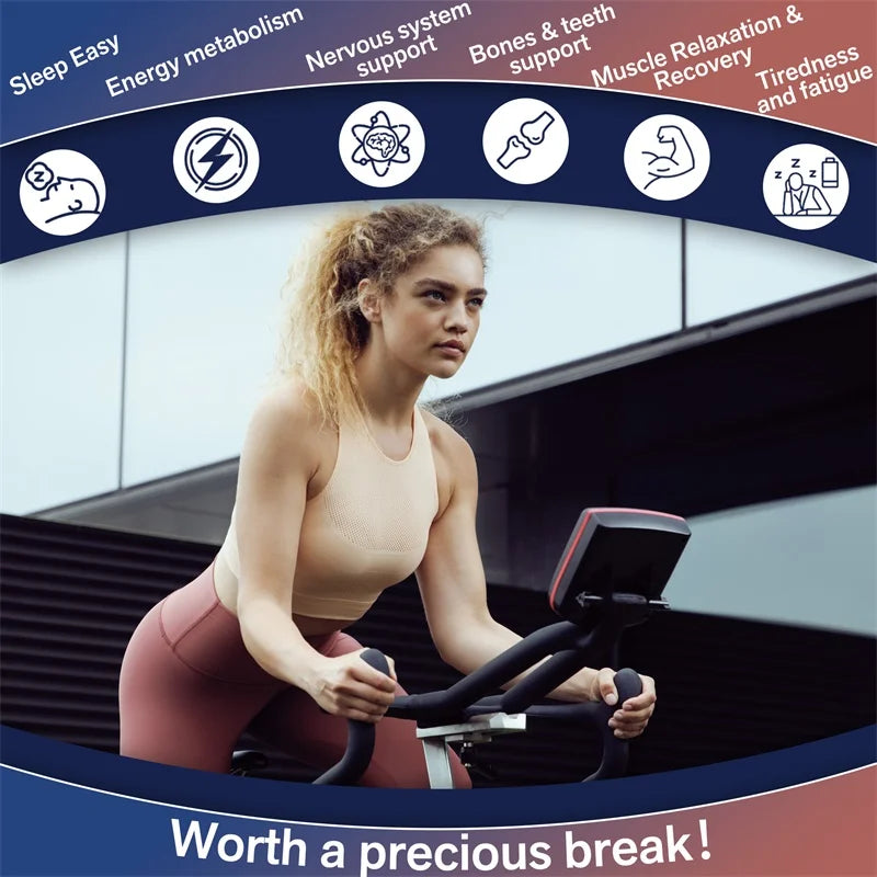 A woman with curly hair in athletic wear bikes outdoors. Icons for sleep, energy, and muscle recovery—key benefits of Magnesium Complex Capsules for bone, heart, muscle health & stress relief—float above. Text: Worth a precious break!.
