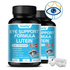 Two black bottles labeled "Lutein Capsules - Contain Zeaxanthin" are shown with white capsules. An illustrated eye with a blue iris and measuring scale appears above, symbolizing advanced supplements for healthy vision, retina protection, and improved visual function.