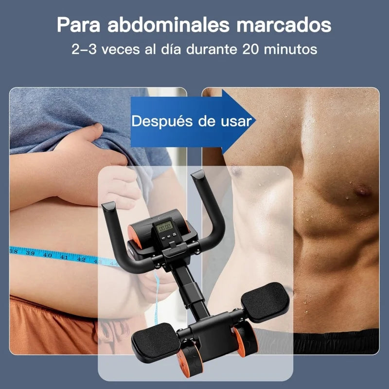 Photo shows a man’s midsection transformation—overweight to muscular abs—with the Adjustable Abs Training Roller Multifunctional Home Plank Support Abdominal Fitness Wheel in the center and Spanish text promoting waist & abdomen workouts.