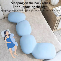 Illustration shows a person using the Memory Foam Hold In Bed Sleeping Body Pillow for Pregnant Women, with segmented ice silk comfort and orthopedic support for head, arms, and legs. Removable washable cover; back sleepers benefit from leg support.