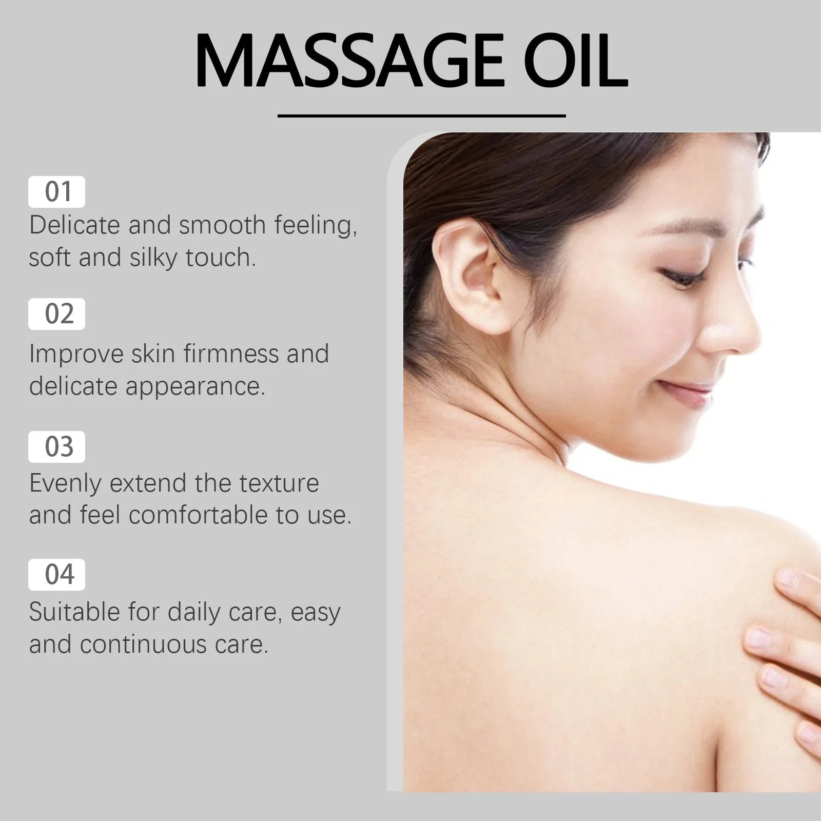 A woman with smooth skin smiles, gently touching her shoulder. Next to her, text lists the benefits of Body Moisturizing Massage Oil: smoothing, tightening, nourishing, brightening, reducing wrinkles, and repairing dry skin on a light gray background.