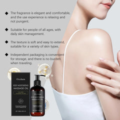 A woman in a white camisole with radiant skin displays her shoulder beside a bottle and box of Body Moisturizing Massage Oil Nourishing Smoothing Tightening Soothing Glowing Brightening Reduce Wrinkles Soft Body Massage Oil, plus decorative gold oil droplets.