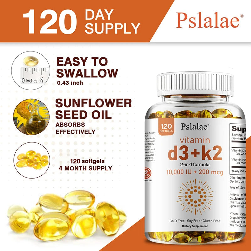 Image shows a bottle of Vitamin D3 10000 IU with K2 200 mcg softgels. Features include a 120-day supply, easy-to-swallow unisex capsules with sunflower seed oil for absorption, supporting immune, heart, joint, teeth & bone health.