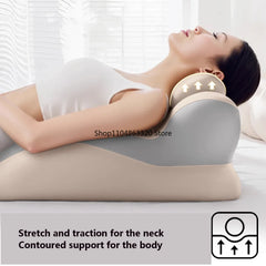 A woman reclines on the Memory Foam Pillow Ergonomic Support, receiving neck support. Illustration shows upward arrows at her neck. Text: Stretch and traction for the neck. Contoured support for body, leg rest, reading, pain relief, comfort.