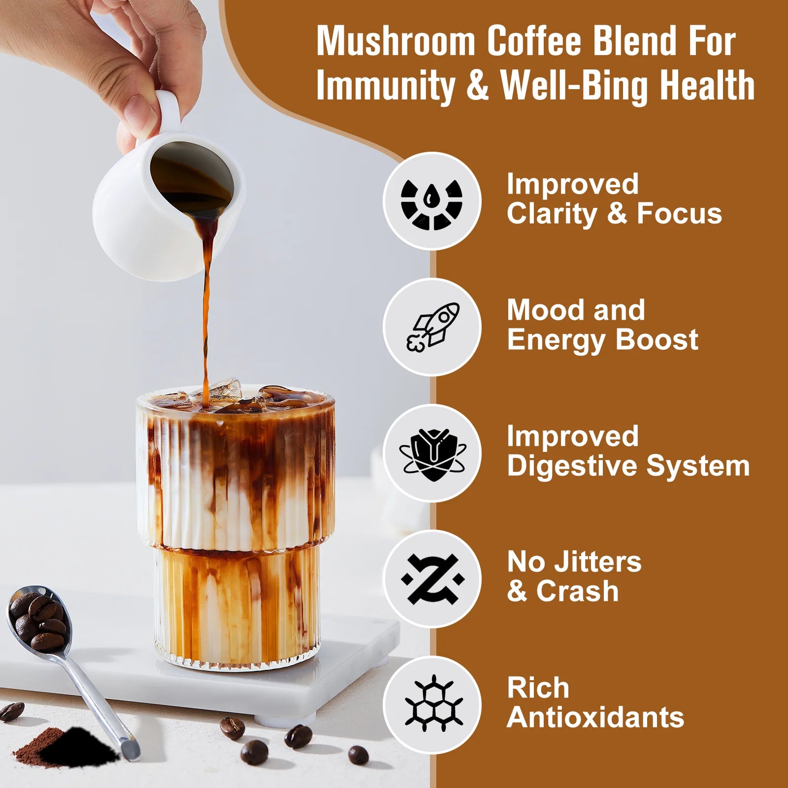 A hand pours coffee into a glass of iced coffee on a white table with beans. Beside it, text highlights BEWORTHS Mushroom Coffee Supplement: energy, focus, digestion support, no jitters. 120g packs; unisex. Contains Ganoderma Lucidum & Cordyceps Sinensis.