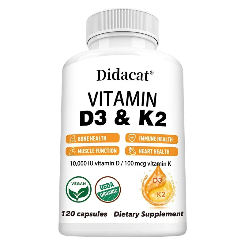 A white bottle labeled "Vitamin D3+K2 Supplement 10000IU" for unisex bone, heart, muscle, and immune support. Contains 120 vegan, non-GMO capsules with 10,000 IU Vitamin D3 and K2 (MK-7), highlighted by health icons.