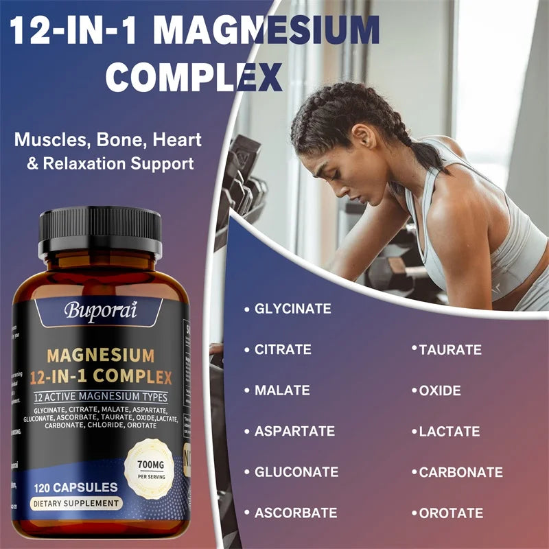 A woman exercises in a gym beside a bottle of Magnesium Complex Capsules, a unisex supplement featuring 12 types including Magnesium Glycinate for muscle, bone, heart health, relaxation, sleep support, and stress relief.