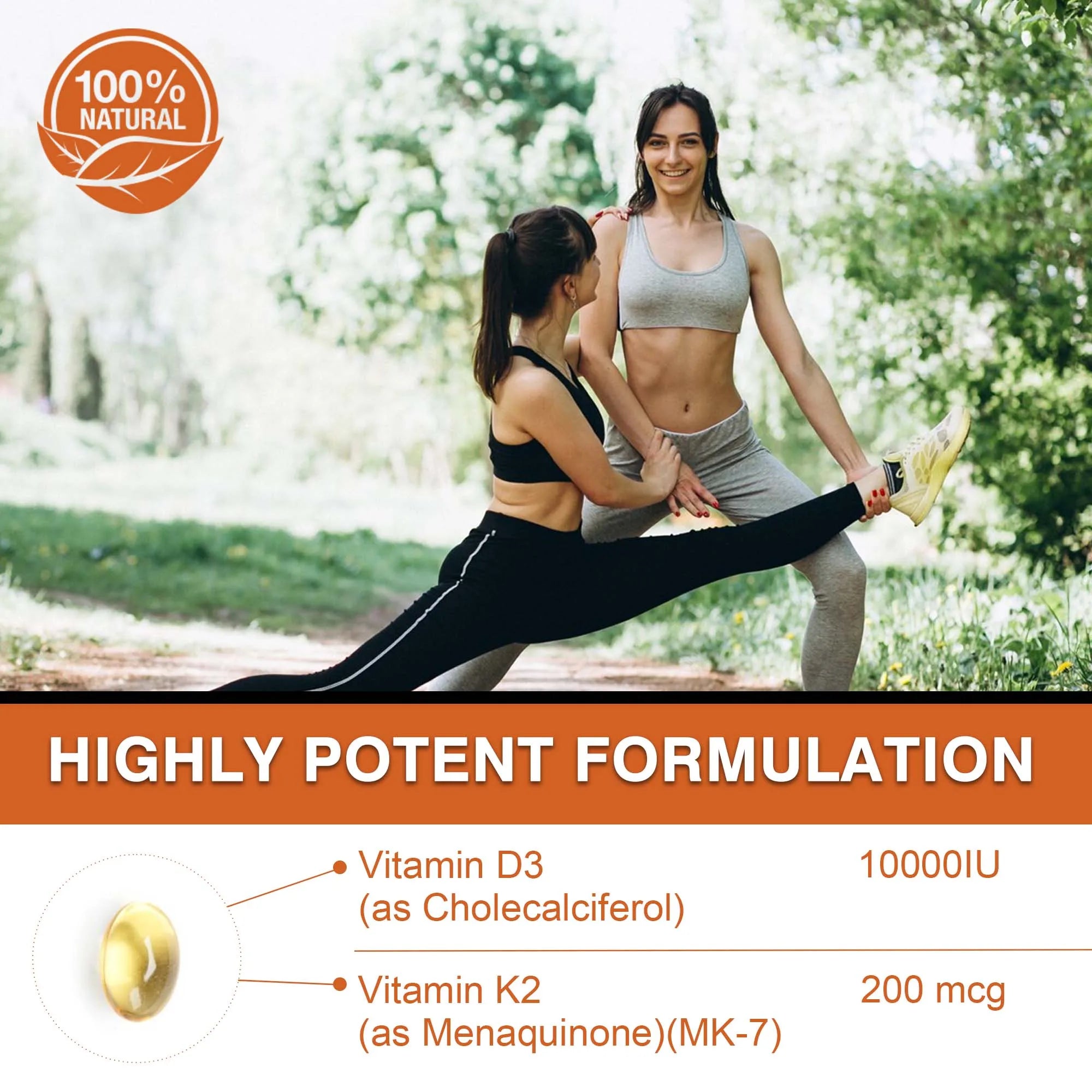 Two women exercise outdoors, smiling as one helps the other stretch. Text highlights Vitamin D3 with K2 capsules (10000 IU D3 + 200 mcg K2), a 100% natural unisex supplement that supports heart and bone health, sleep, immunity, and overall wellness.