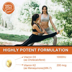 Two women exercise outdoors, smiling as one helps the other stretch. Text highlights Vitamin D3 with K2 capsules (10000 IU D3 + 200 mcg K2), a 100% natural unisex supplement that supports heart and bone health, sleep, immunity, and overall wellness.