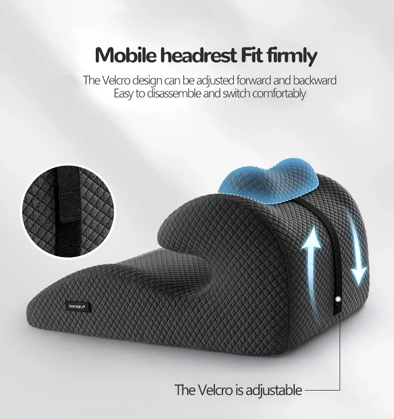 The New Butt Cushion Multifunctional Prone Position Lie Pillow features a unique curved design for lumbar support, a removable adjustable headrest attached by Velcro, and blue highlights showing adjustability; inset shows Velcro strap detail.