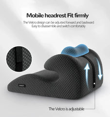 The New Butt Cushion Multifunctional Prone Position Lie Pillow features a unique curved design for lumbar support, a removable adjustable headrest attached by Velcro, and blue highlights showing adjustability; inset shows Velcro strap detail.