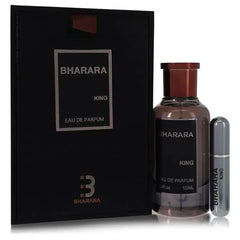 A black box with Bharara King branding is shown with two bottles of Bharara Unisex 3.4 Ounce Eau de Parfum—an alcohol-free, long-lasting fragrance: one large glass bottle with a brown cap and one small silver spray bottle.