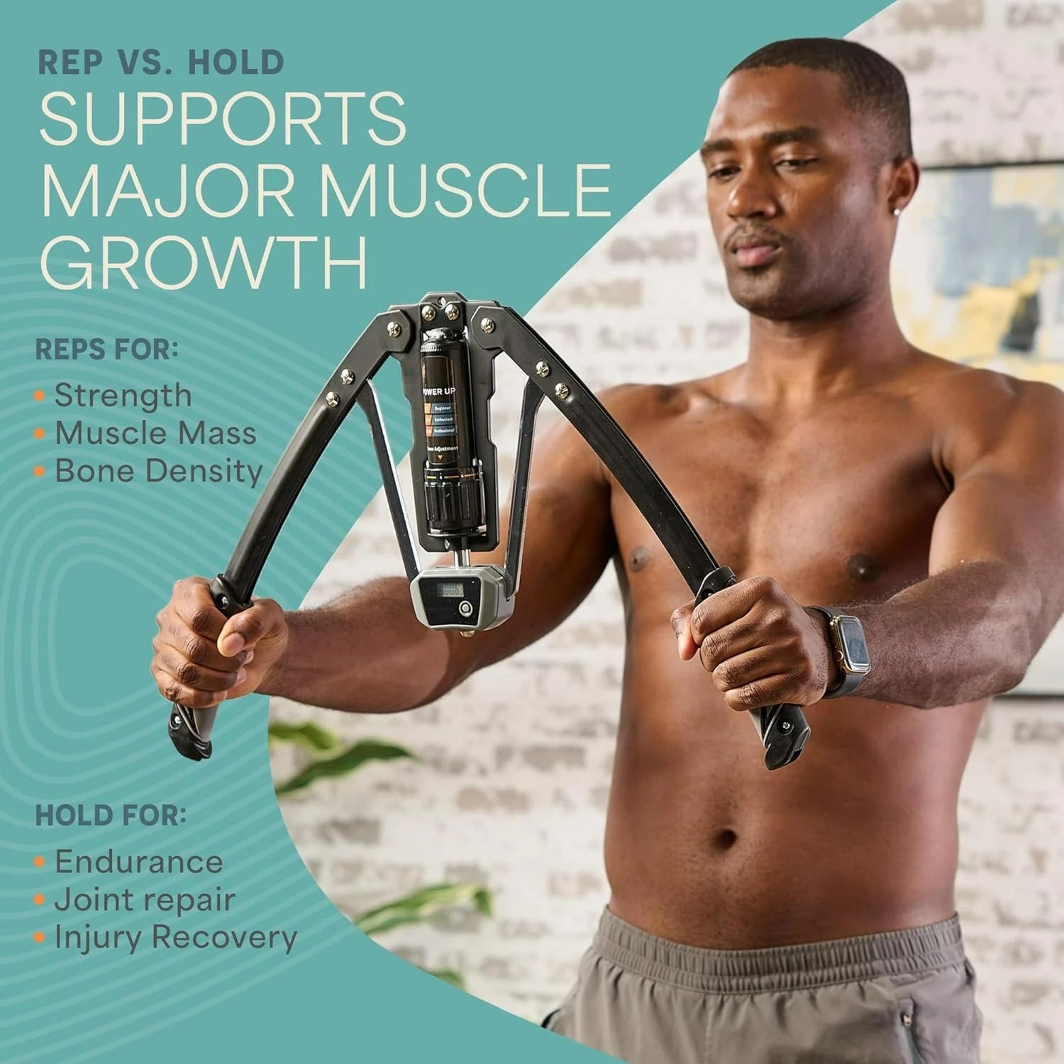 A shirtless man uses the Hydraulic Power Chest Expander and Arm Twister Trainer Exerciser (22–440lb adjustable resistance, smart counter) for strength training. Text notes that reps vs. holds aid muscle growth, strength, mass, endurance, and recovery.