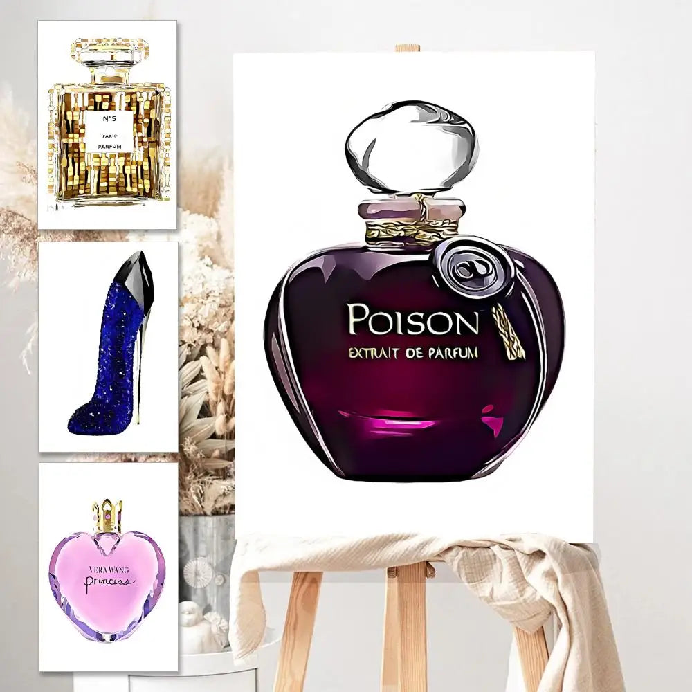 A canvas on an easel displays an illustrated purple perfume bottle labeled “Poison.” Next to it are Perfume Bottle Prints Nordic Poster Wall Art featuring Chanel No. 5, a blue high heel, and Vera Wang Princess.