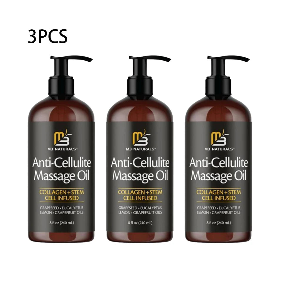 Three bottles of 240ml Collagen & Stem Cell Anti-Cellulite Massage Oil, promoting firmer, smoother skin and cell longevity with a chemical-free formula. "3PCS" appears in the top left corner.