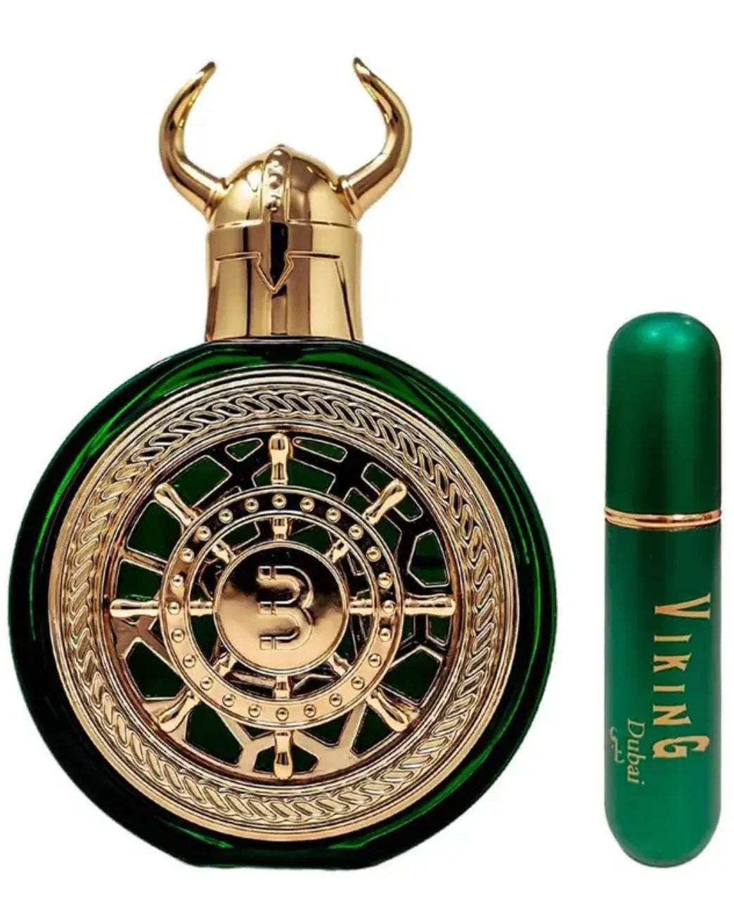 A green and gold perfume bottle with a Viking helmet cap and circular emblem stands beside a matching spray labeled Viking Dubai—Bharara Men's 3.4 Ounce Eau de Parfum, an alcohol-free unisex fragrance, ideal as a holiday gift.