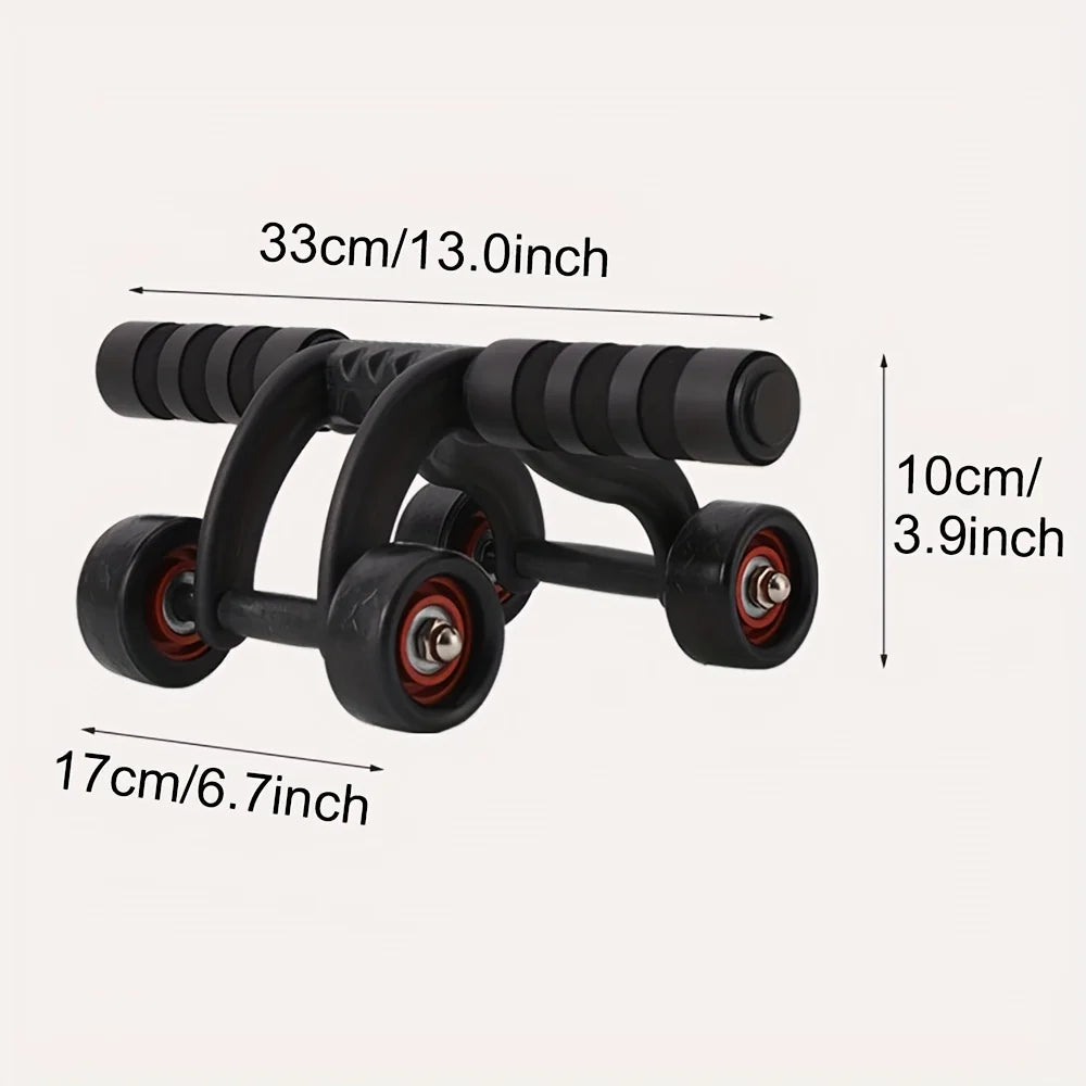 1pc Abdominal Exercise Wheel with four wheels for stability and foam handles, size 33x17x10cm. Ideal for home gym core and abs training. Displayed on a plain background with dimensions clearly labeled.