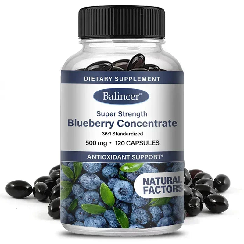 A bottle labeled Blueberry Capsules - 500 mg, 120 capsules, for brain, heart, eye health, antioxidants, and smooth skin is shown with loose capsules. The label highlights antioxidant support and natural benefits.