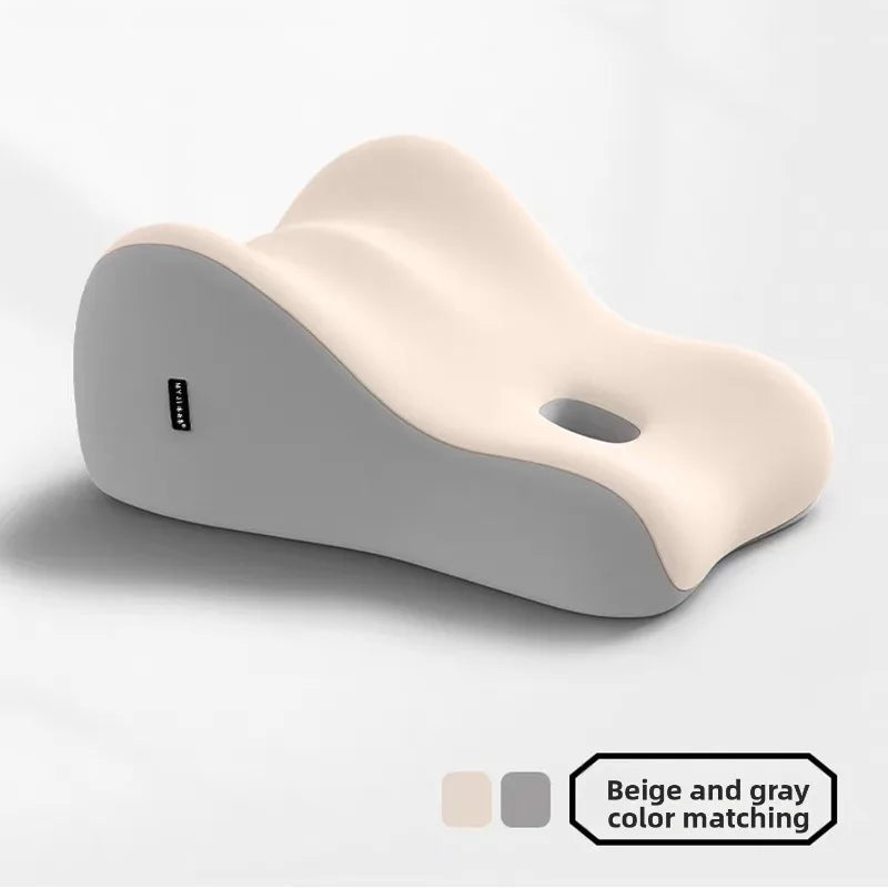 Curved Intimacy Support Wedge Pillow for Couples with ergonomic memory foam, beige top, gray sides, and a center hole. Text: "Beige and gray color matching" with color swatches. Washable cover. Made in Mainland China.