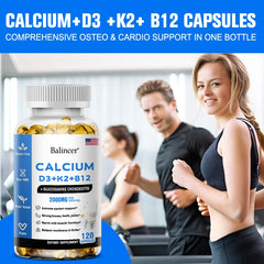 A bottle of Calcium Supplement with Vitamins D3+K2+B12 Supports Nerve and Muscle Function, Heart Health and Immunity is in the foreground as two people smile and exercise in the background, with text highlighting its benefits and key ingredients.
