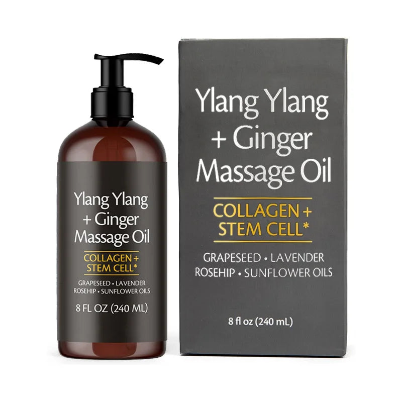 A 240ml bottle and box of Skin Firming Body Massage Oil, a natural aromatherapy blend with collagen, stem cell, grapeseed, lavender, rosehip, and sunflower oils for relaxing, soothing skincare and lasting nourishment.