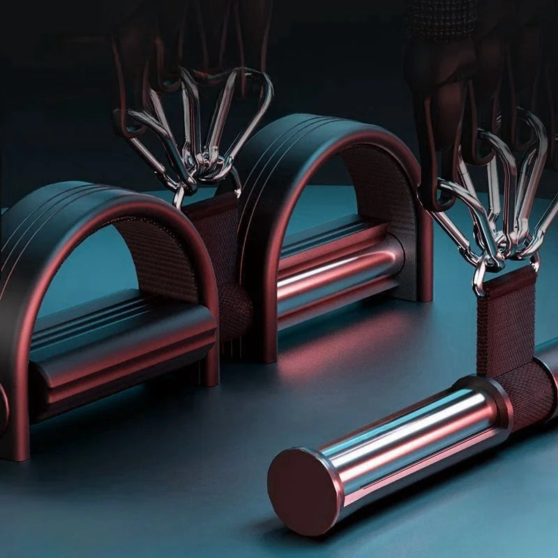 Metallic claws grasp the Pedal Tension Rope Abdominal Strength Elastic Rope, a multi-functional fitness resistance band, on a blue surface, highlighting its futuristic and industrial design for effective home exercise.