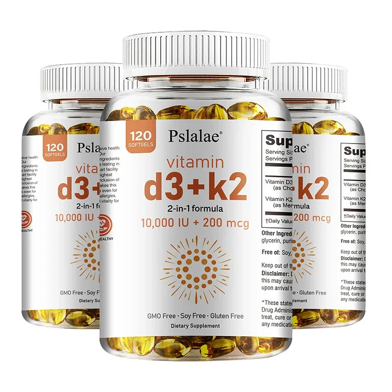 Three bottles of Vitamin D3 10000 IU with K2 200 Mcg, 120 soft-gels per bottle. Supports immune, muscle, and bone health. Non-GMO, soy free, and gluten free.