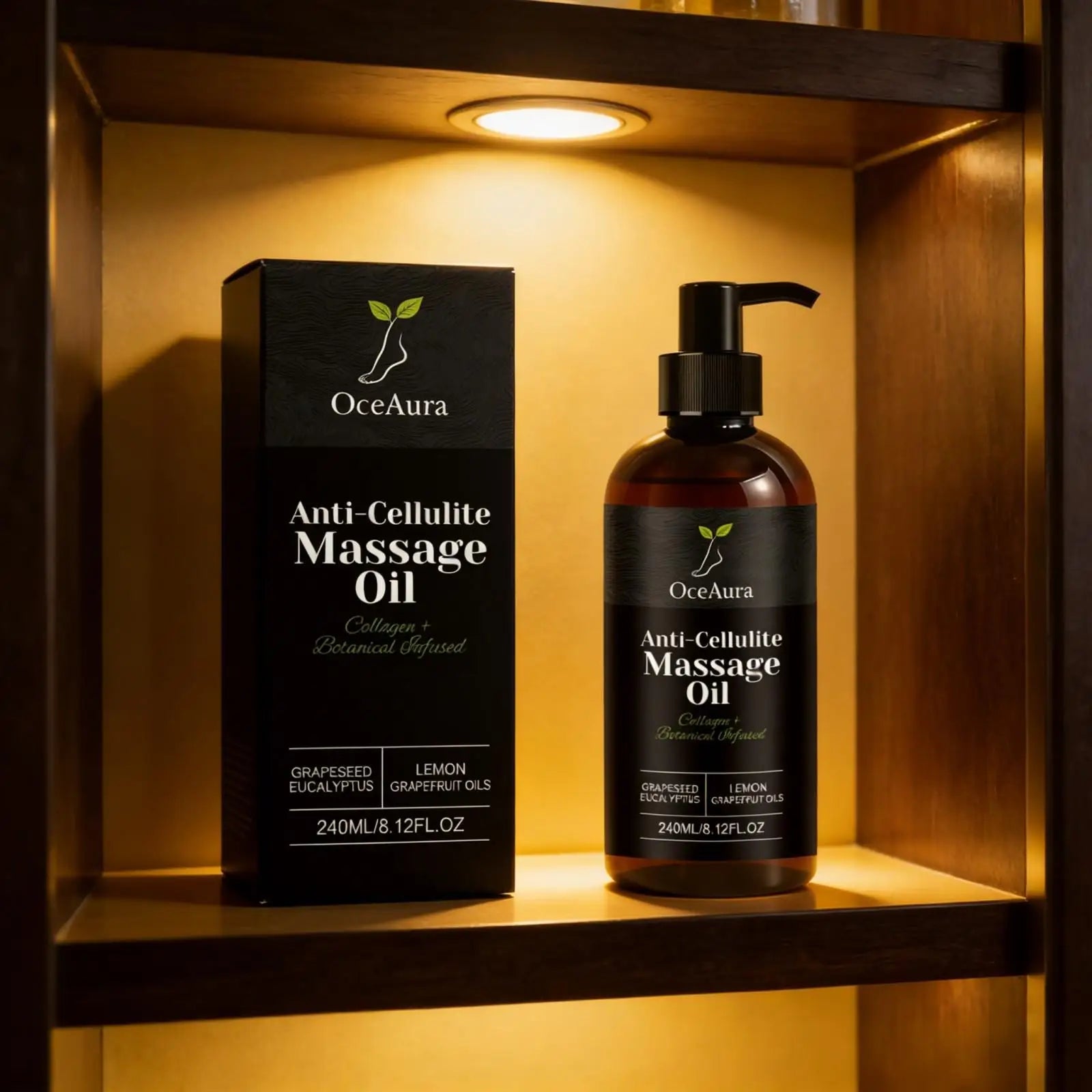 A bottle and box of Anti Cellulite Oil Firm Skin Tightening sit on a lit wooden shelf. The black pump bottle’s packaging with green and white text highlights its lemon and grapefruit essential oils for smooth, firm skin.