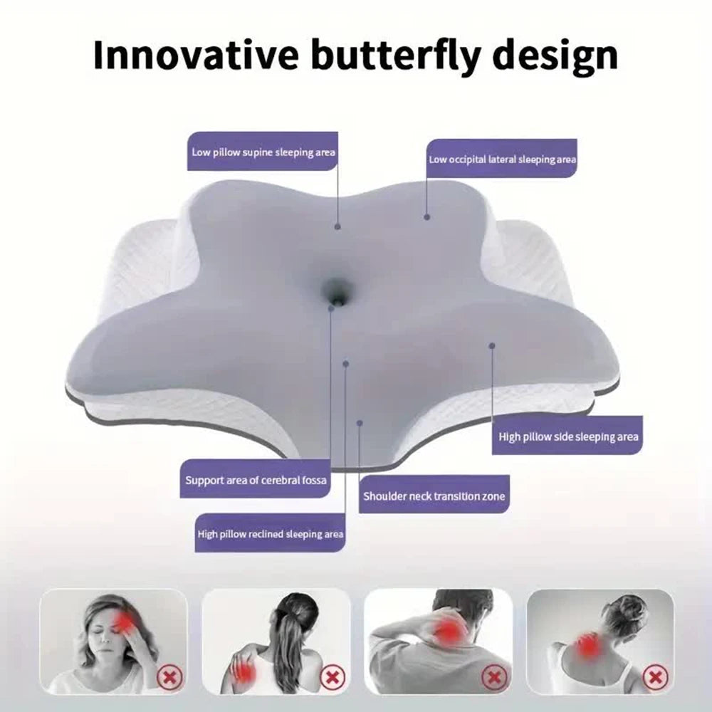 A diagram of the Memory Foam Pillows Butterfly Shaped Relaxing Cervical Neck Pillow shows labeled zones for neck, side, and supine sleeping, with images below highlighting head, neck, and shoulder pain relief.