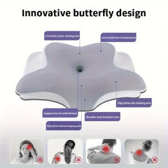 A diagram of the Memory Foam Pillows Butterfly Shaped Relaxing Cervical Neck Pillow shows labeled zones for neck, side, and supine sleeping, with images below highlighting head, neck, and shoulder pain relief.