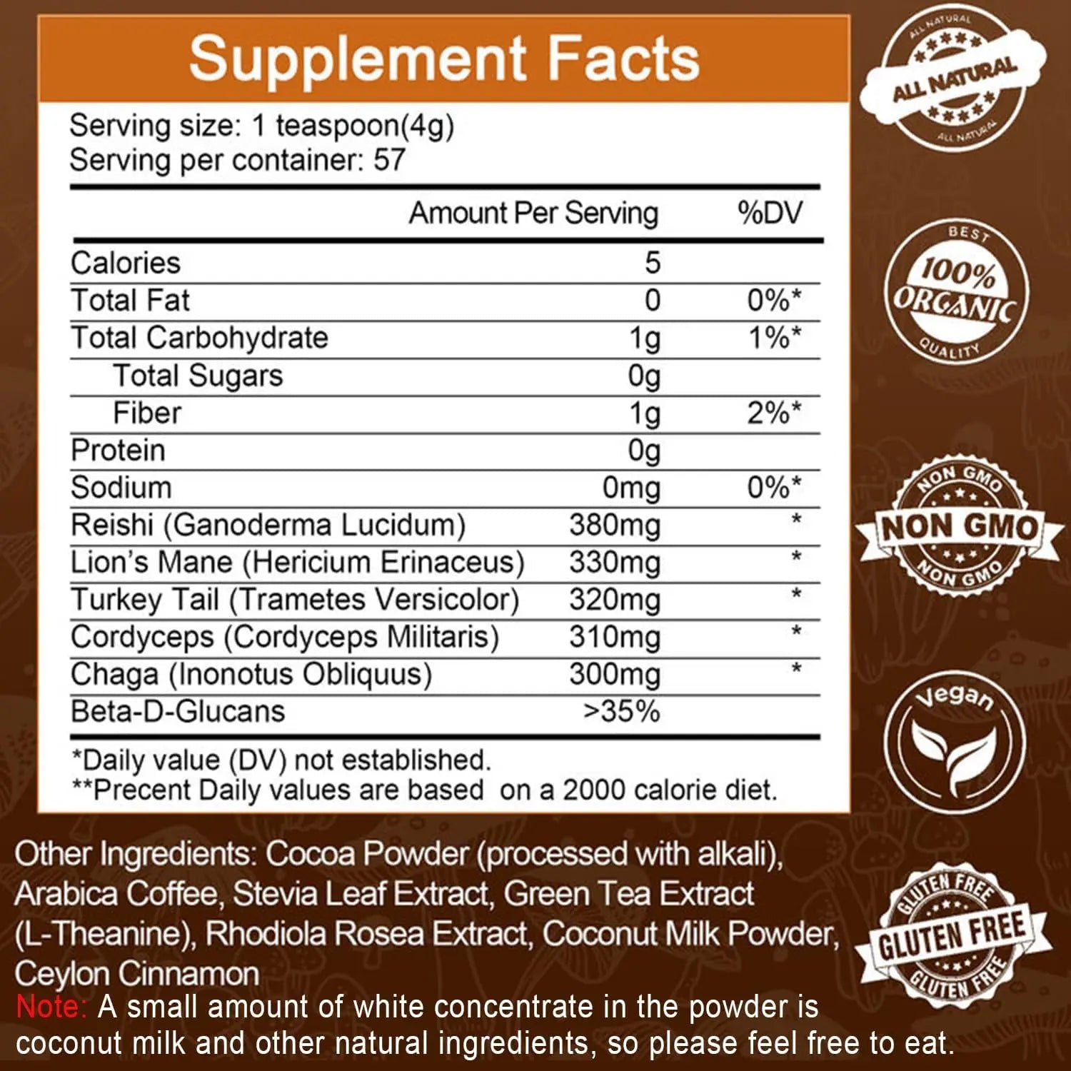 MUTSWEET Lion's Mane Mushroom Coffee Supplement features Reishi, Cordyceps, Turkey Tail, Chaga & coconut milk in a 4g powdered serving—ideal for energy, mental clarity & focus. Unisex; blend with coffee. Supplement facts and certification icons included.