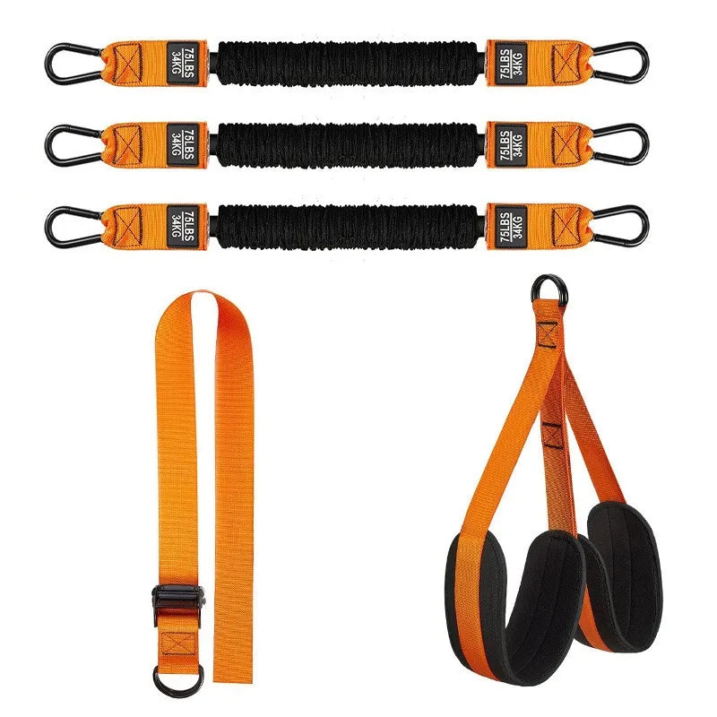 The Pull Up Assistance Bands Set includes four orange bands with black centers, a pull rope, adjustable waist strap with buckle, and padded black-orange handles—ideal for pull-ups, chin-ups, and body stretching—displayed on a white background.