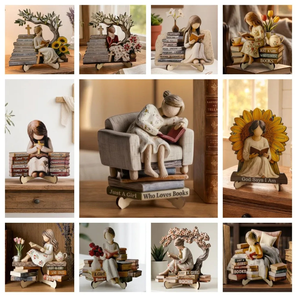 Reading Girl Wooden Bookshelf Decor