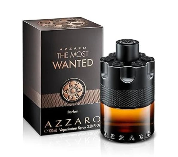 Azzaro The Most Wanted Parfum Intense Mens Cologne 100ML is shown beside its packaging, featuring a black textured top and amber base. The box is black with gold and copper details, highlighting this long-lasting, bold fragrance.
