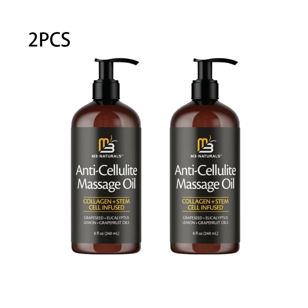 Two bottles (2PCS) of 240ml Collagen & Stem Cell Anti-Cellulite Massage Oil, unisex, improves skin firmness and promotes cell longevity, each with pump dispenser and ingredients like grapeseed, eucalyptus, lemon & grapefruit oils.
