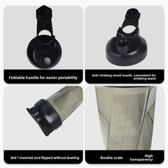 Four images of the 600ml Vortex Mixer Shaker Bottle showcase a foldable handle, anti-choking small mouth, leak-proof design at any angle, and double-scale TRITAN transparency—ideal for mixing protein shakes at the gym.